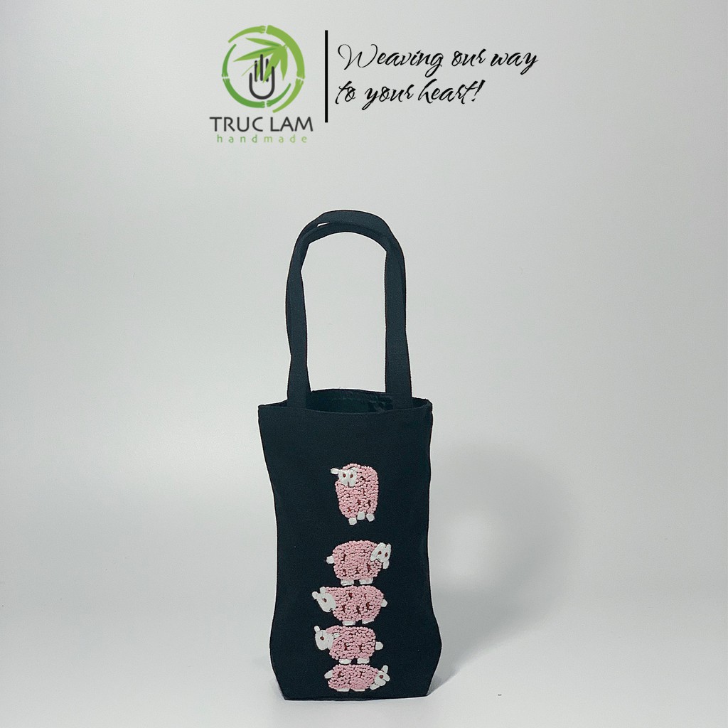 Túi Xách Tay Thêu Họa Tiết 5 Con Cừu Vải Canvas (A) - Trúc Lâm Handmade
