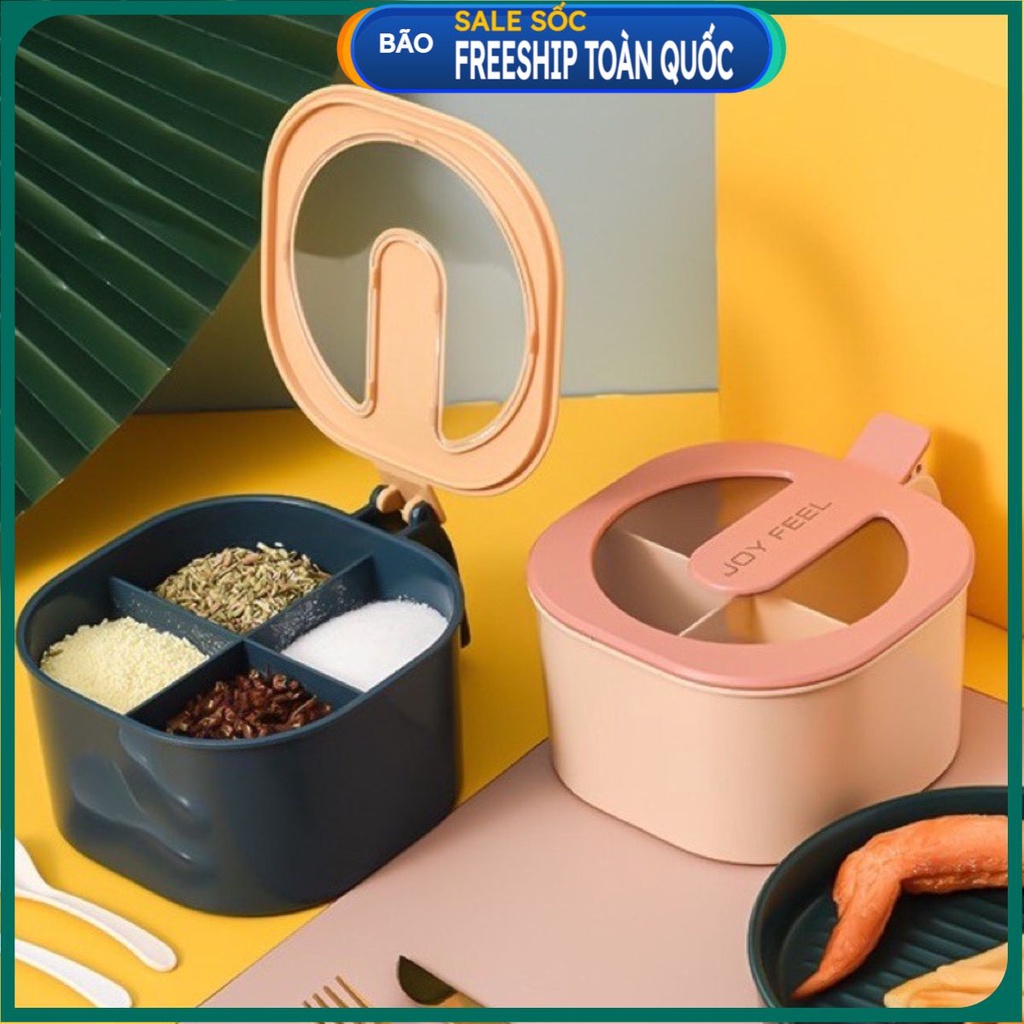 Hộp đựng gia vị 4 ngăn có đậy nắp kín tiện lợi (có kèm muỗng) .
