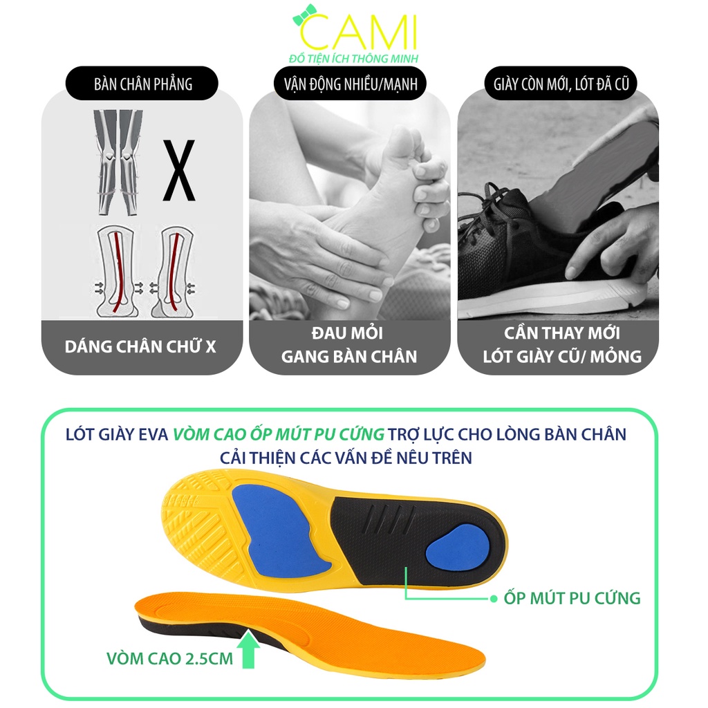 Lót giày thể thao nam nữ EVA ốp PU cứng giảm chấn và chống thốn cho bàn chân - Cami - CMPK180