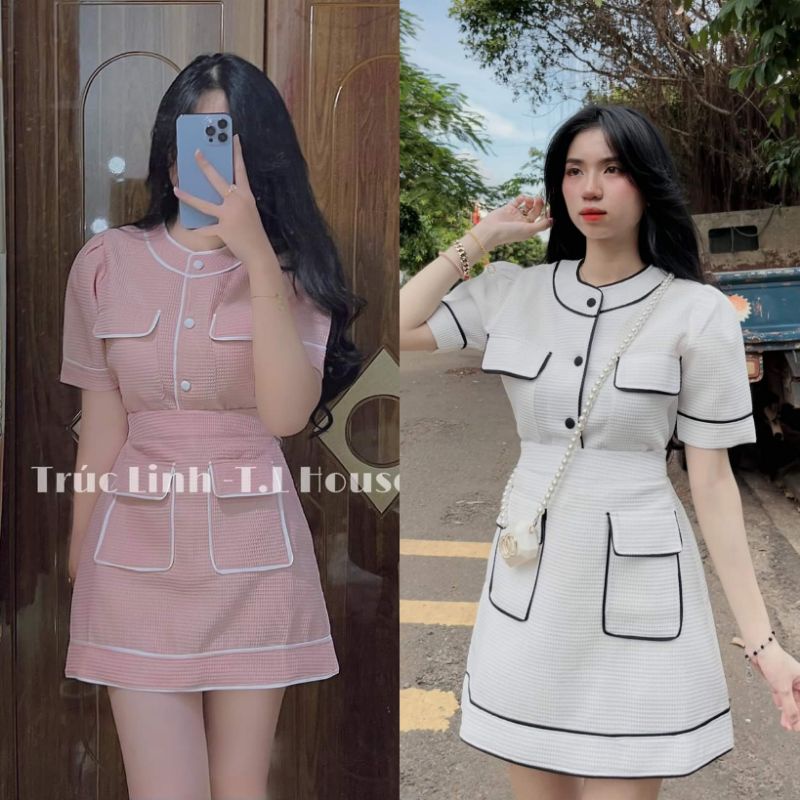Set xốp hồng 2 món: Croptop hồng viền túi nắp tay phồng + Chân váy chữ A hồng