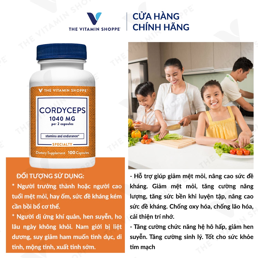 Viên uống đông trùng hạ thảo THE VITAMIN SHOPPE Cordyceps 1040 MG tăng sức đề kháng 100 viên