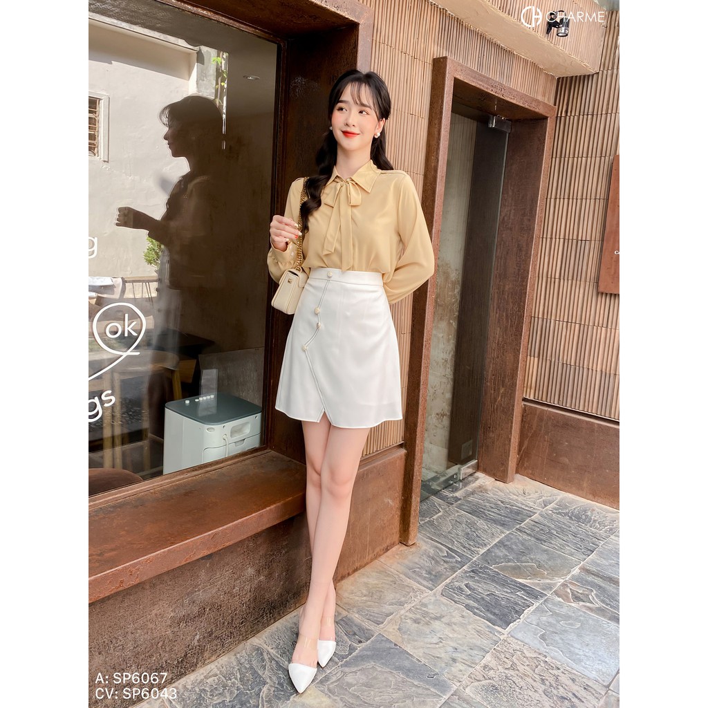 Áo sơ mi nữ trơn dài tay phối cổ nơ tiểu thư thiết kế Charme 6067