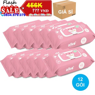 Thùng 12 gói khăn ướt em bé aiko - gói nắp nhựa 100 miếng