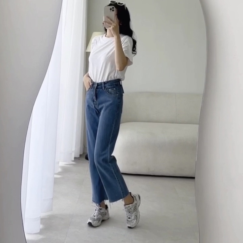 Quần jean ống đứng suông lửng cạp lưng cao rách gấu màu xanh phong cách Ulazzang Meisy