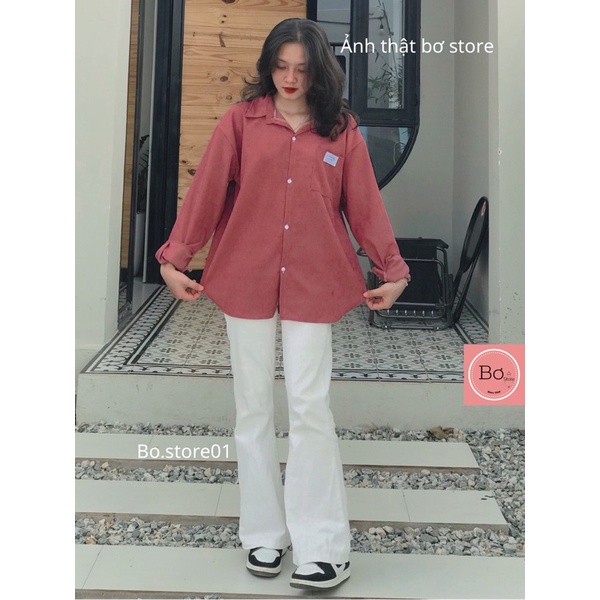 Áo Sơ Mi Nhung Tăm Nam Nữ Logo Túi Tay Bồng Form To Rộng Chất Đẹp Bơ Store SP1002