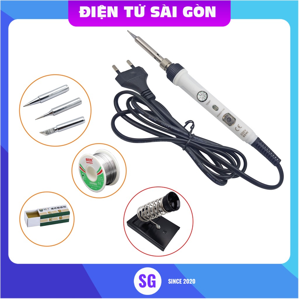 COMBO Mỏ hàn điều chỉnh nhiệt độ NO.901 KS801A 60W kèm phụ kiện 3 mũi hàn 936 | thiếc hàn + nhựa thông | đế gác mỏ hàn