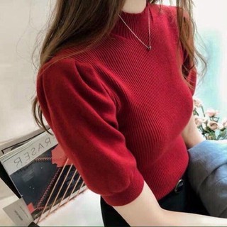 [FREE SHIP] Áo thun gân len cổ lọ tay phồng, Áo crop top cổ lọ ngắn tay màu trơn thời trang
