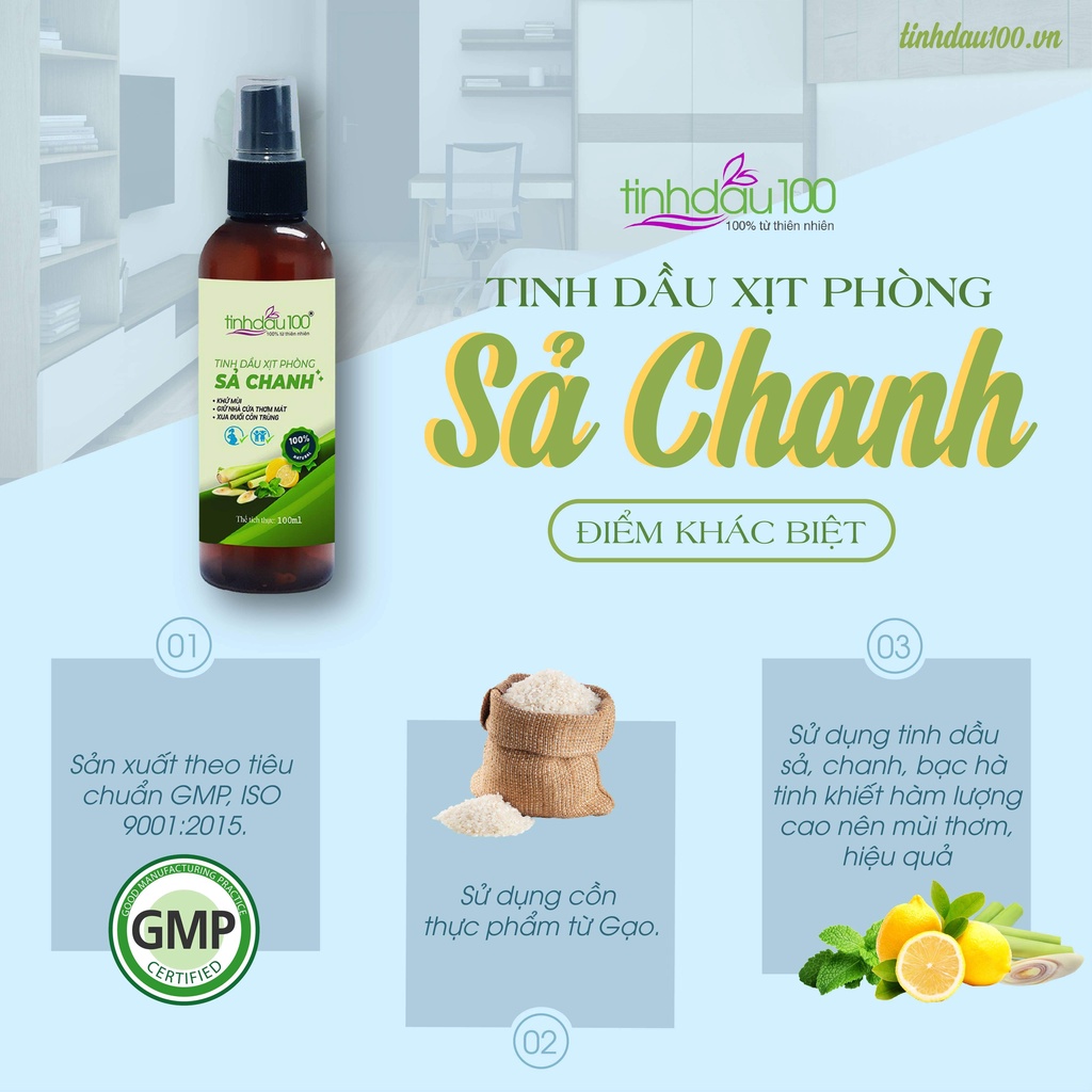 Tinh dầu xịt phòng sả chanh Tinh Dầu 100 khử mùi, thơm phòng, thư giãn, đuổi muỗi, an toàn cho bà bầu và trẻ nhỏ