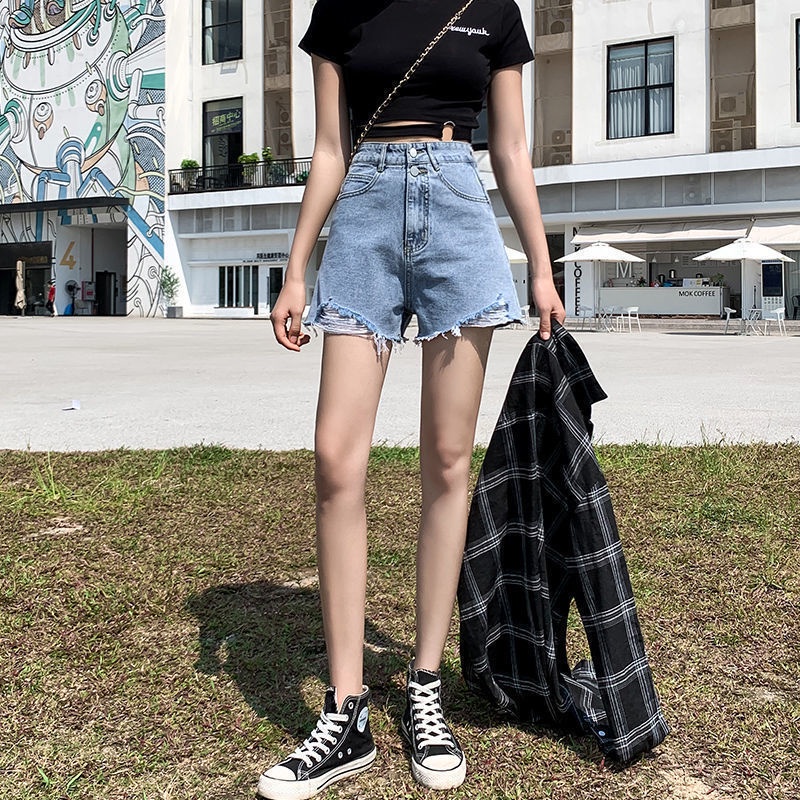 Quần short jean hình chữ A cạp cao ống rộng phối rách phong cách mùa hè Hàn 2021 mới cho nữ