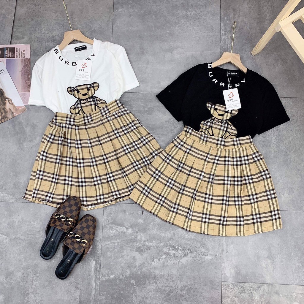 Set áo thun chân váy caro nữ Burberrry- Áo thun nữ 2 màu chân váy ngắn xoè