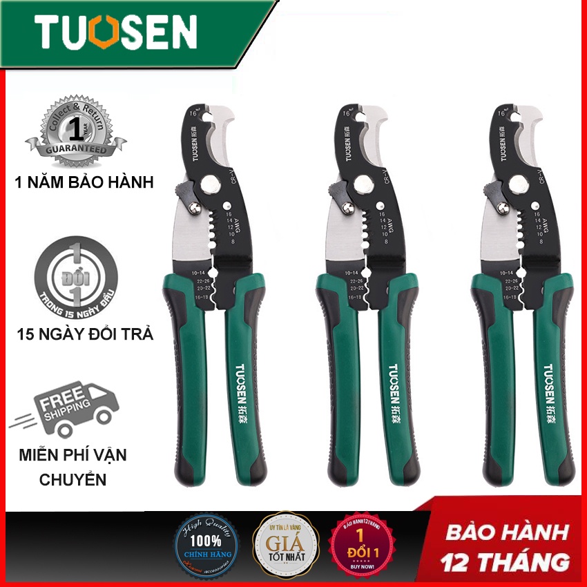 Kềm tuốt dây điện, kìm tước tước dây điện 8inch, kềm bấm cos đa năng 11468 - TUOSEN / Tuo Sen