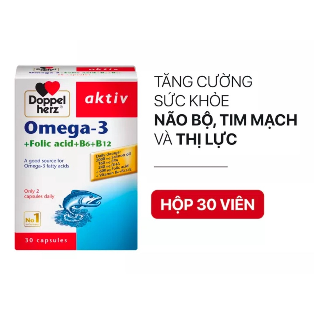 Viên Uống Omega 3 Doppelherz Aktiv Omega-3 + Folic Acid Giúp Tăng Cường Sức Khỏe Tim Mạch Và Thị Lực (Hộp 30 Viên)