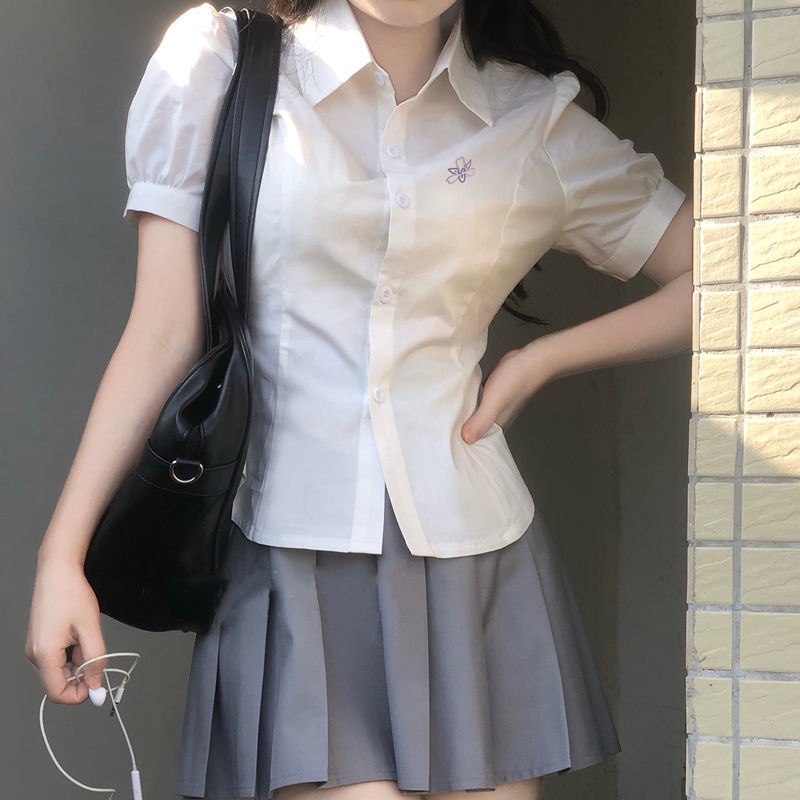 Áo Sơ Mi Đồng Phục Nhật Bản Tay Ngắn Phồng Ôm Dáng Vừa Vặn 7 Món Chính Hãng jk Cho Nữ