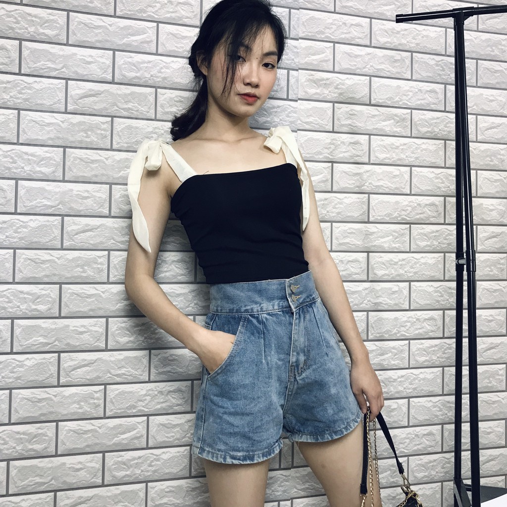 Quần short jean nữ ulzzang cạp cao hai cúc màu xanh cá tính