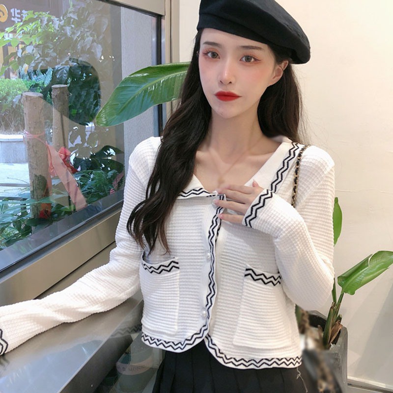Áo Khoác Cardigan Dệt Kim Màu Sắc Tương Phản Xinh Xắn Cho Nữ