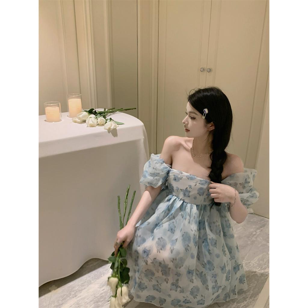 Đầm Voan Hoa Tay Phồng Cổ Chữ V Thời Trang Nữ Tính