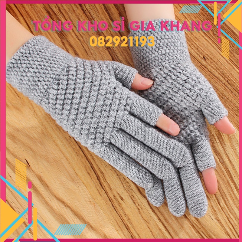 pn7D Găng tay len chống nắng / chống lạnh dày màu trơn thiết kế hở 2 đầu ngón tay cảm ứng