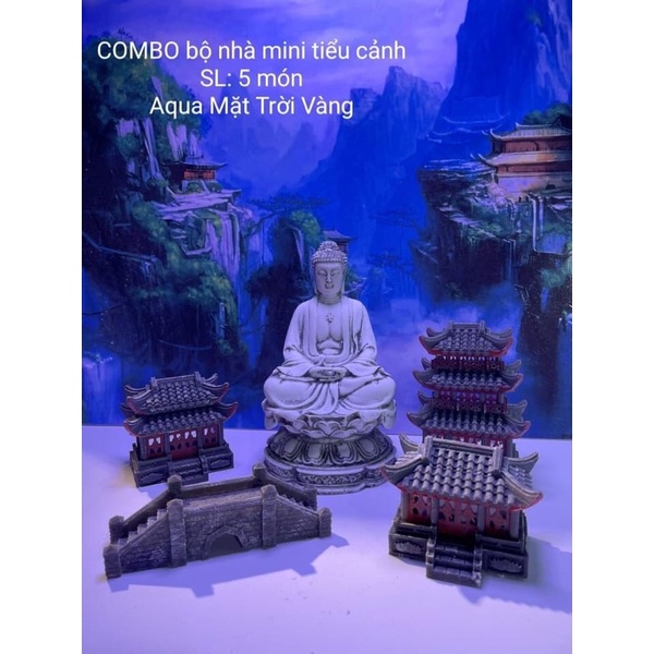 Combo 5 món tượng và nhà mini - phụ kiện trang trí tiểu cảnh, hồ cá, sân vườn, thuỷ sinh