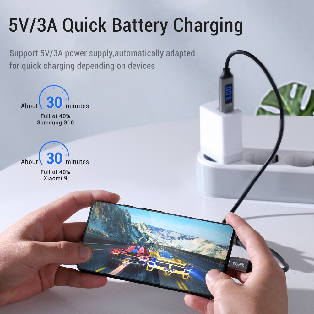 Dây Cáp TOPK 1m LED Vôn Kế Và Điện Áp Với Cổng Micro USB Type C Cho Điện Thoại Android