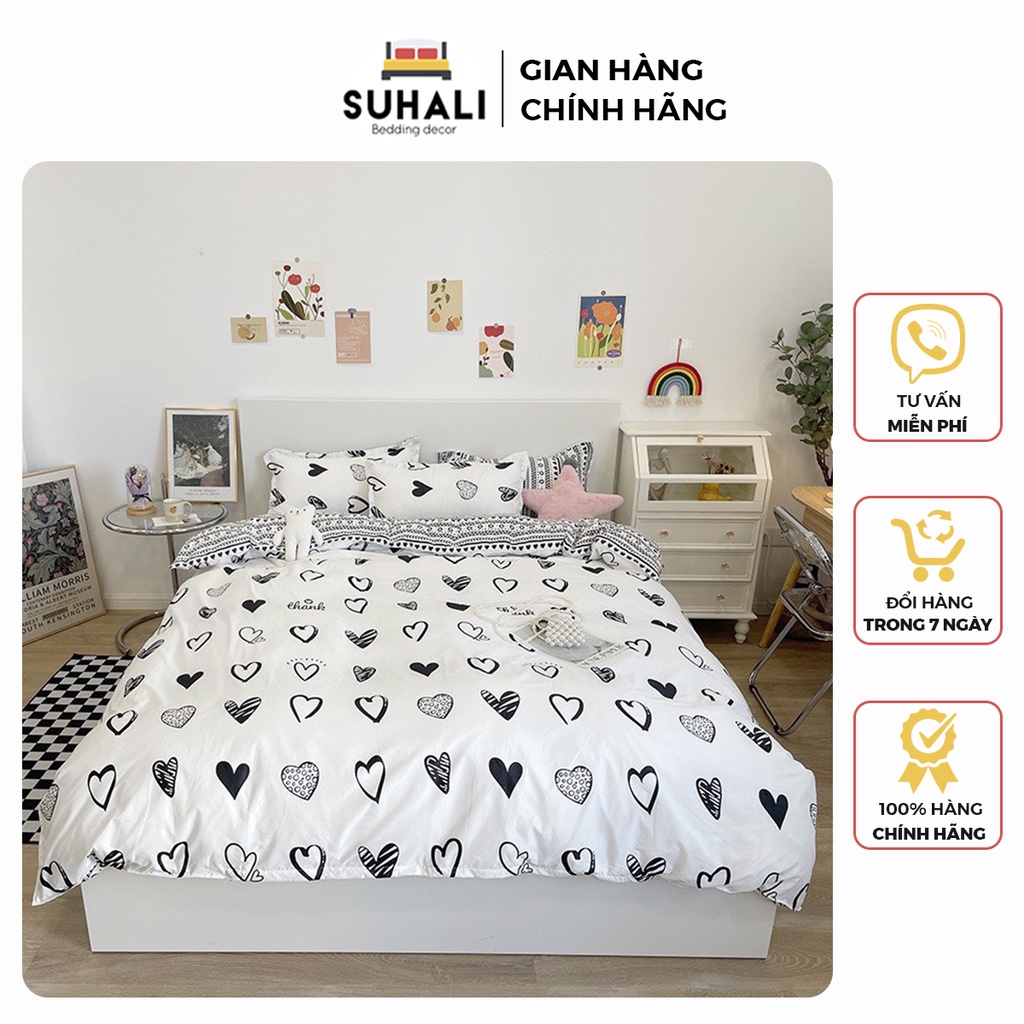 Bộ chăn ga giường cotton poly SUHALI tổng hợp mẫu mới 2021 gồm vỏ chăn mền, drap nệm và 2 vỏ gối