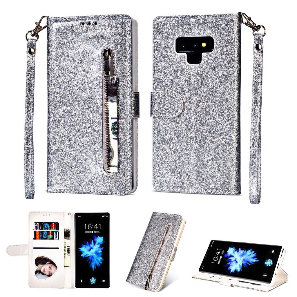 Bao da điện thoại kim tuyến nắp lật có ngăn ví khóa kéo cho Samsung Galaxy Note 9/ Note 8 | BigBuy360 - bigbuy360.vn