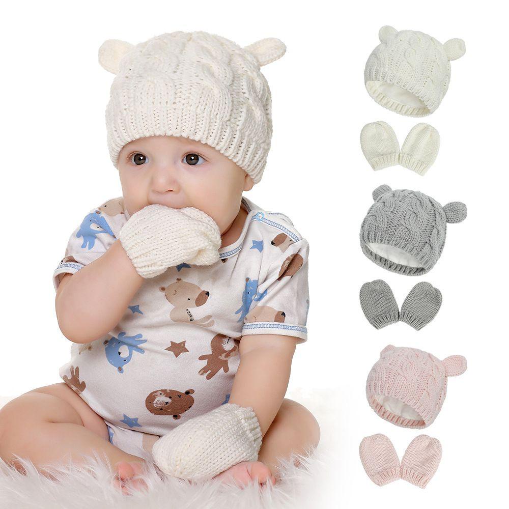 Bộ Nón Dệt Kim + Găng Tay + Bóng Lông Dễ Thương Cho Bé Sơ Sinh