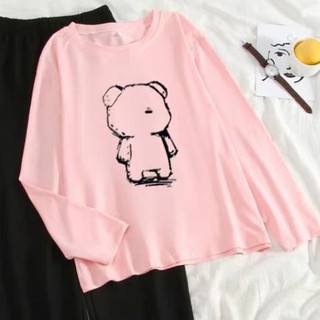 Áo thun nữ dài tay Unisex fom rộng cá tính-Áo thun dài tay gấu viền