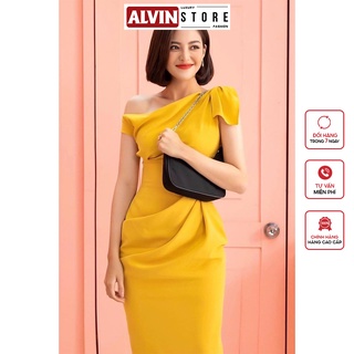 Đầm Ôm Body Lệch Vai Kèm Nơ Thiết Kế Xếp Ly Bụng Phong Cách Sang Trọng Alvin Store 0898
