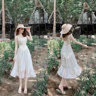Đầm maxi đi biển hở lưng 2 dây cột nơ dáng xòe ChemMix siêu xinh cho nàng đi biển, dạo phố