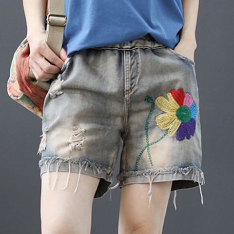 Quần Short Denim Lưng Cao Thêu Họa Tiết Phong Cách Dân Tộc Cho Nữ