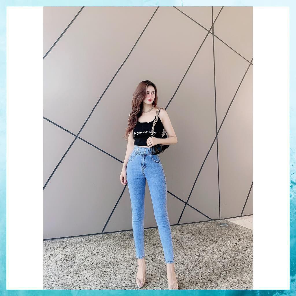 [TH Jeans] Quần skinny jeans, quần bò nữ lưng cao túi chéo cạp bản to phối đai. Mã D6150