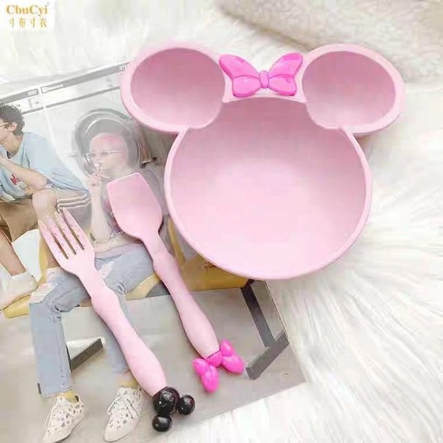 Khay ăn dặm lúa mạch mickey 3 ngăn kèm thìa dĩa cho bé