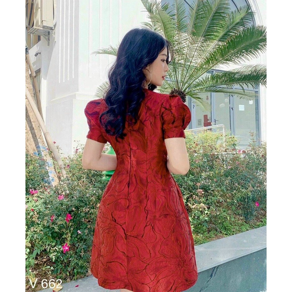 [Mã WAMT1505 giảm 10K đơn 0K] [Đầm Mới] Đầm Nữ Dự Tiệc Gấm Hoa Tay Phồng Cao Cấp | BigBuy360 - bigbuy360.vn