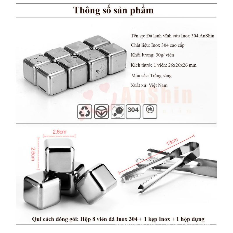 Đá lạnh vĩnh cửu hộp 8 viên ,Đá Viên inox 304 không tan