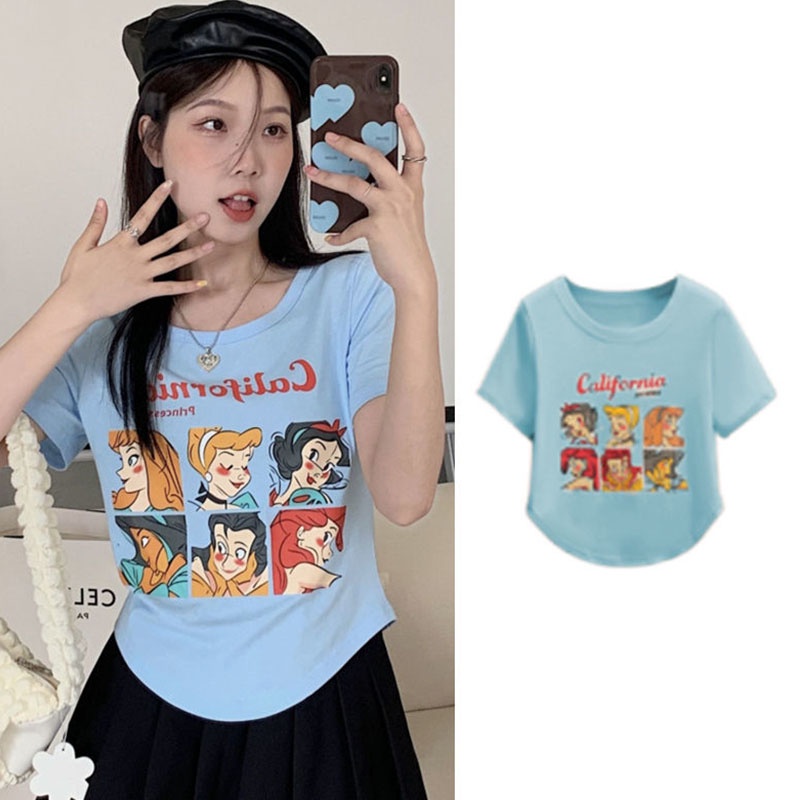 IELGY Áo Thun Tay Ngắn Hở Vai In Họa Tiết Hoạt Hình Màu Trơn Thời Trang Cho Nữ