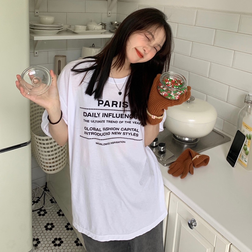 Áo Thun Tay Ngắn Form Rộng In Chữ Kiểu Dáng Đơn Giản