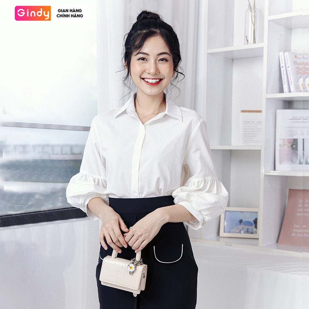 Áo sơ mi nữ trắng tay bồng GINDY cổ bẻ dáng suông basic trơn công sở kiểu Hàn Quốc A10046