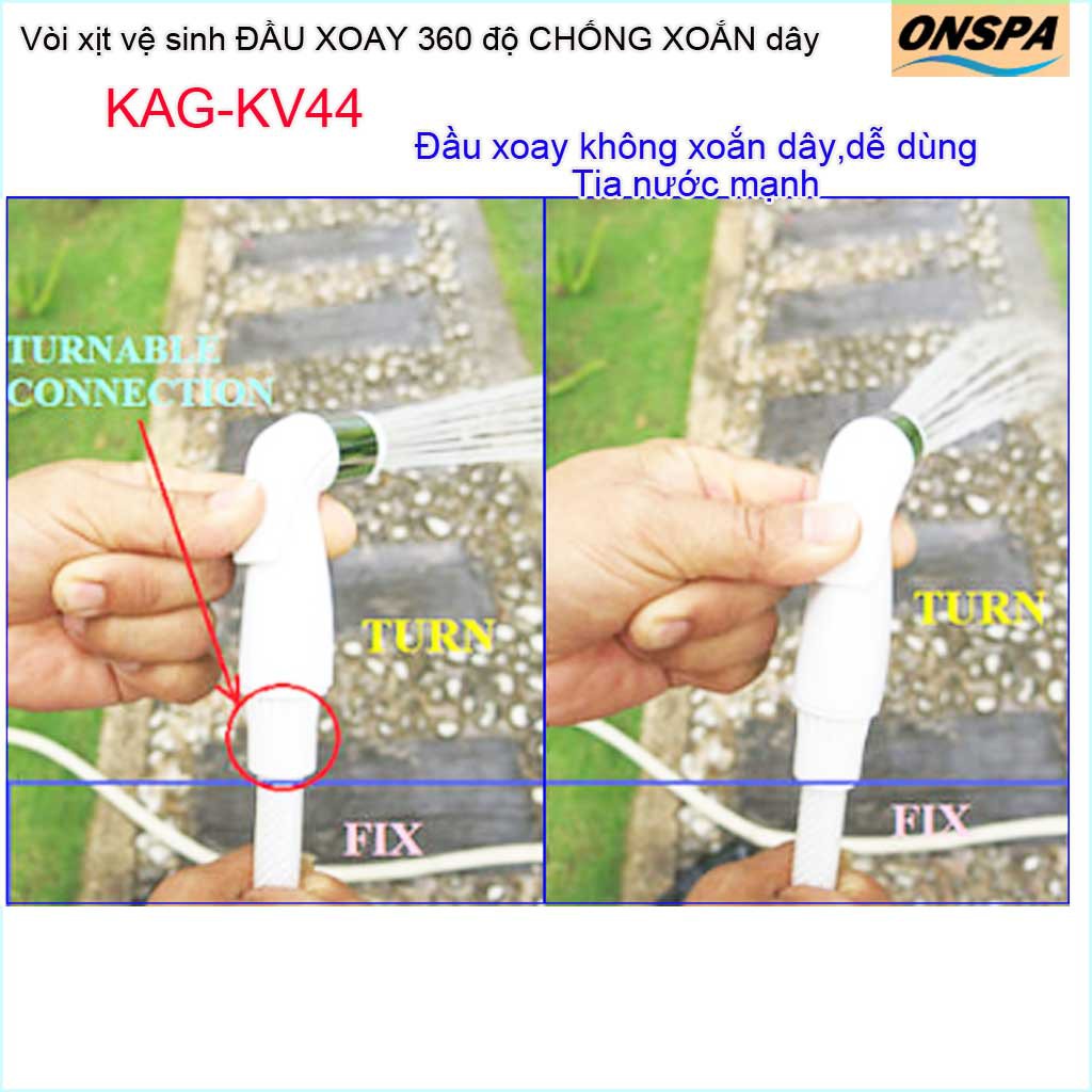 Vòi xịt vệ sinh nhà tắm Onpas KAG-KV44, vòi rửa bồn cầu dùng cho nước phèn vùng biển, dây xịt cao cấp 100% nhựa trắng