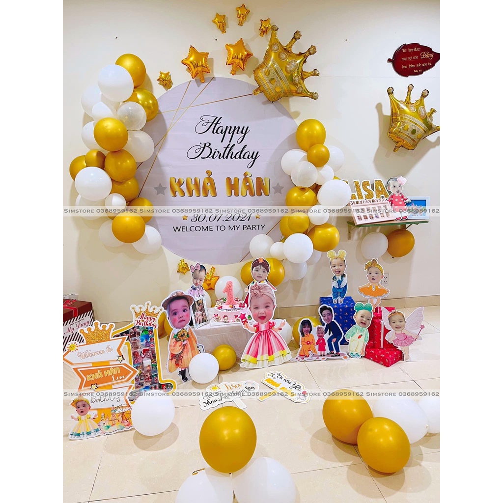 Backdrop trang trí sinh nhật bé trai bé gái phông bạt vải Silk, Hiflex in trực tiếp theo tên bé