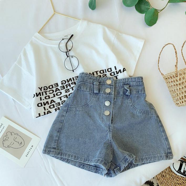 Set Áo Thun Tay Ngắn + Quần short denim Phong Cách Hàn Quốc Cho Bé Gái