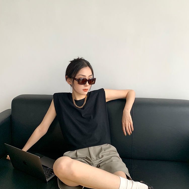 ▣✗❒Áo Thun Sát Nách Mỏng Có Đệm Vai Màu Đen Thời Trang Mùa Hè Cho Nữ
