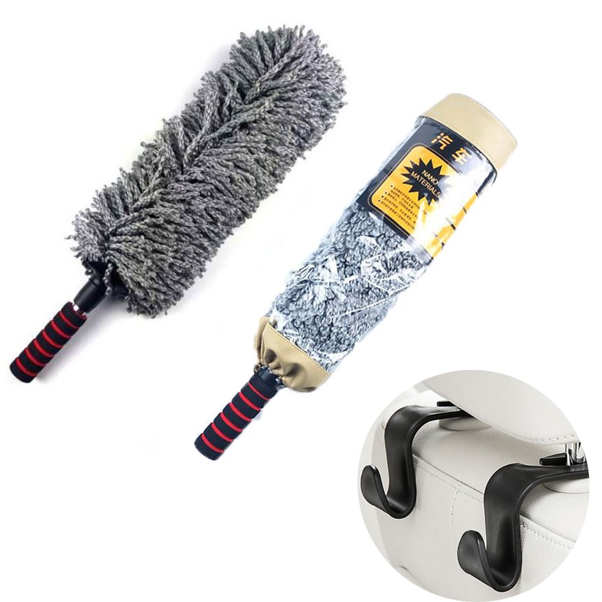 Chổi lau rửa xe sợi dầu cán kim loại - Tặng kèm 2 móc treo đồ tiện lợi ( Tròn )