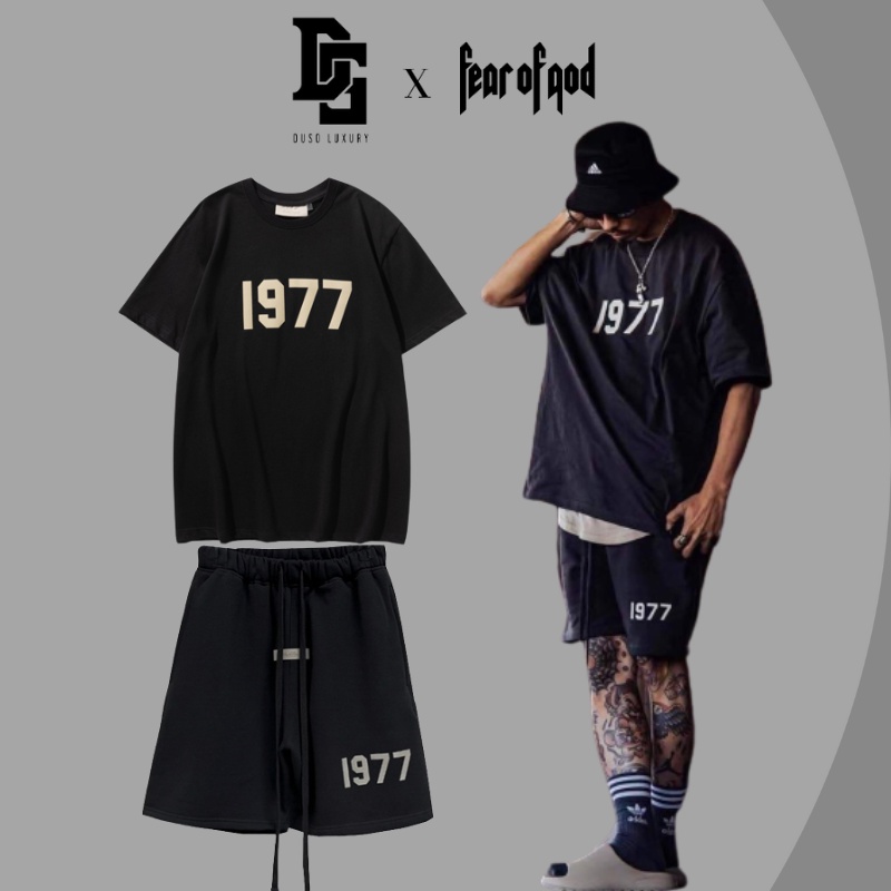 Áo Tee Essentials Fear Of God 1977, Set Áo thun + Short FOG 1977, Chất liệu Cotton, 2 màu Đen, Kem DuSo.Lux