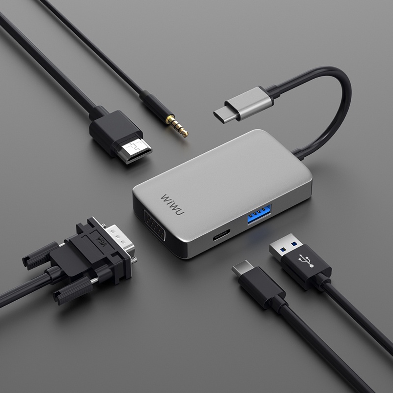 Hub chia cổng Type-C đa năng 5 in 1 Wiwu A513HVP ra 1 cổng sạc nhanh Type-C PD 3.0, USB 3.0, AUX 3.5mm, cổng HDMI, VGA