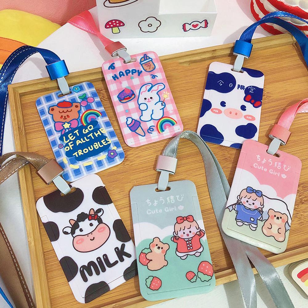 Ví Đựng Thẻ ID + Dây Đeo Họa Tiết Thỏ Hoạt Hình Lấp Lánh Dễ Thương Cho Học Sinh Ốp