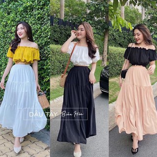 Sét Áo Voan Lụa Croptop Bẹc Vai Phối Chân Váy Suông Dài Tâng Kèm Lót Thun Sang Chảnh
