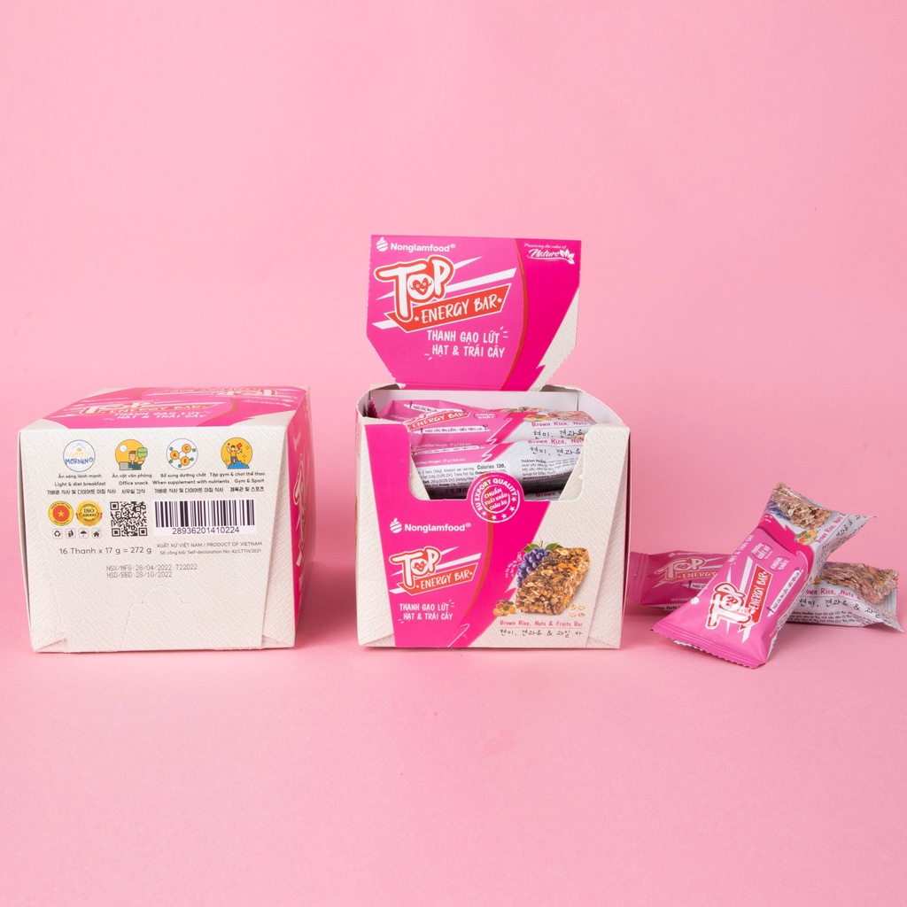 Thanh Gạo Lứt Hạt &amp; Trái Cây Nông Lâm Top Energy Bar (Hộp 272g)-Bánh ăn kiêng giòn ngon, thay thế bữa ăn sáng dinh dưỡng