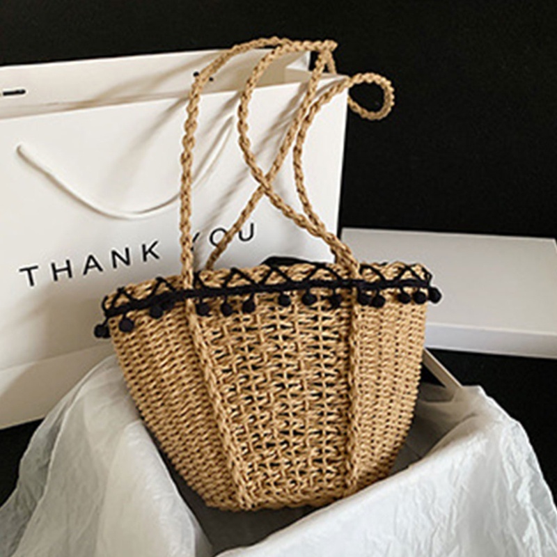 Giỏ Đan Rơm Đeo Vai Phối Tua Rua Và Quả Cầu Lông Xù Kiểu Vintage