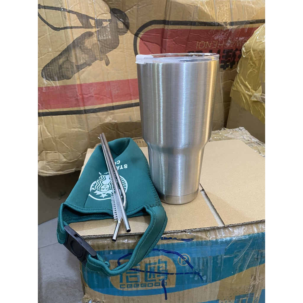 Ly Giữ Nhiệt 900ml  Mẫu Inox Kèm Túi Đựng Và Ống Hút