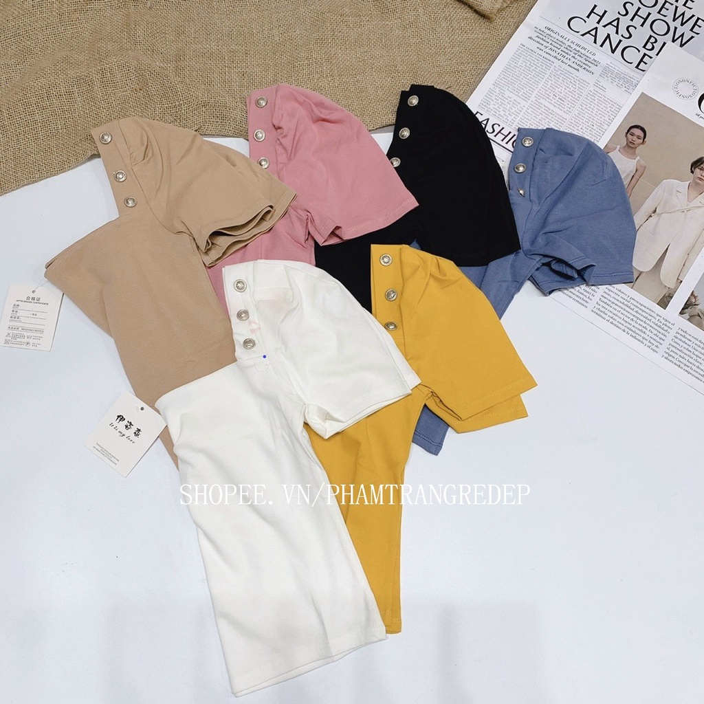Áo kiểu cổ vuông đính khuy 2 bên, Áo thun dáng ôm tay bồng hở lưng chất cotton co giãn AT06 - phamtrangredep shop